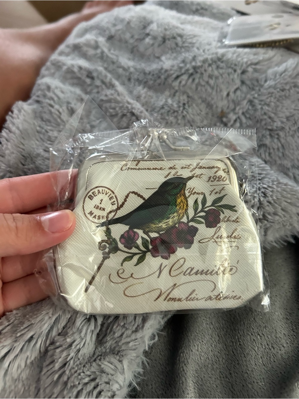 4/$50 Bird Print Coin Purse with Floral Accent - Cream & Green